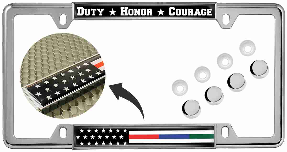 Law Enforcement, Military and Fire American Flag - Car Metal License Plate Frame